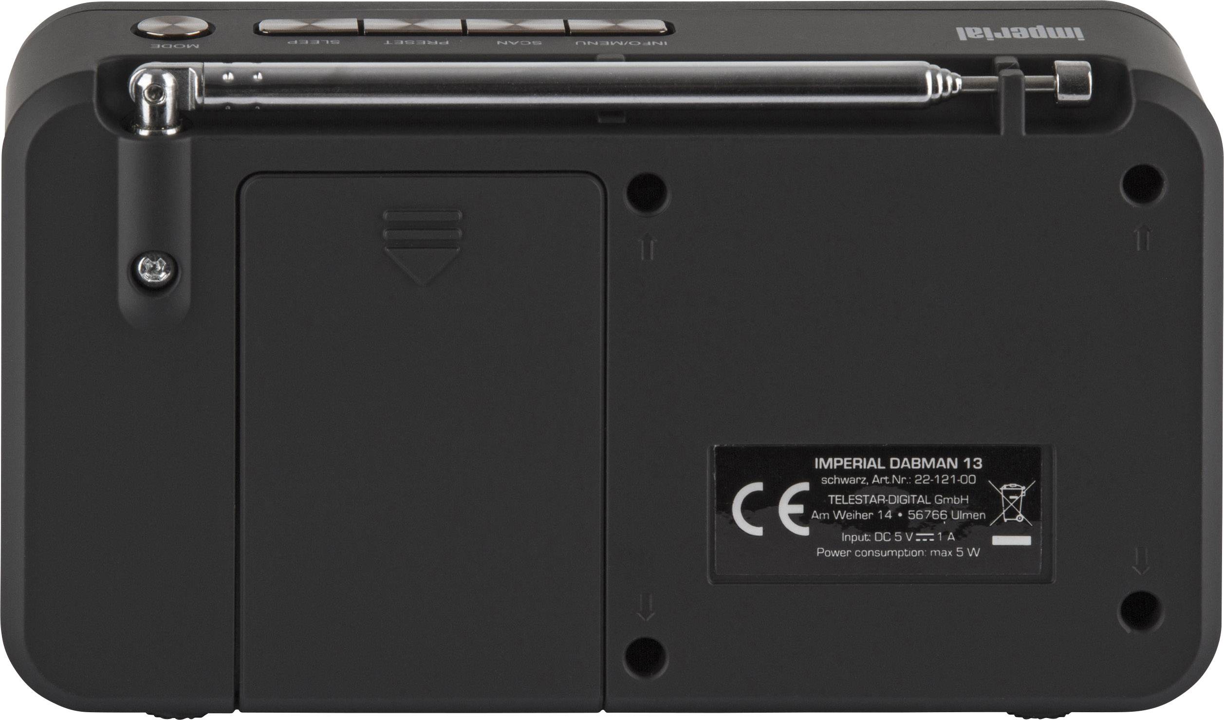 Arrière d'un radio portable avec antenne télescopique et compartiment à piles. Référence du modèle : 'IMPERIAL DABMAN 13'. Marquage CE visible.