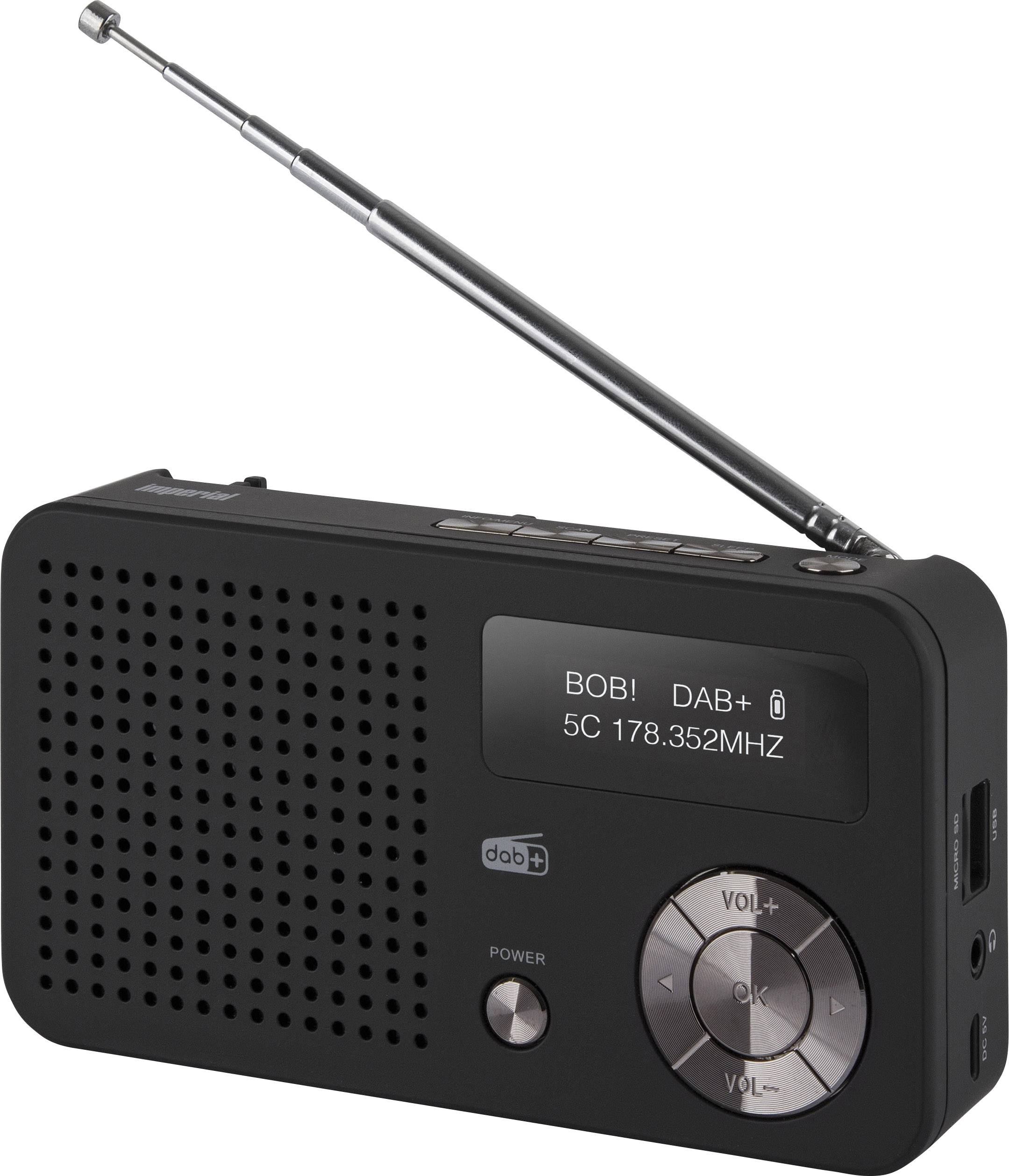 Radio portable noir avec DAB+ et antenne télescopique, doté de commandes latérales. Affiche la station 'BOB!' et la fréquence 178,352 MHz.