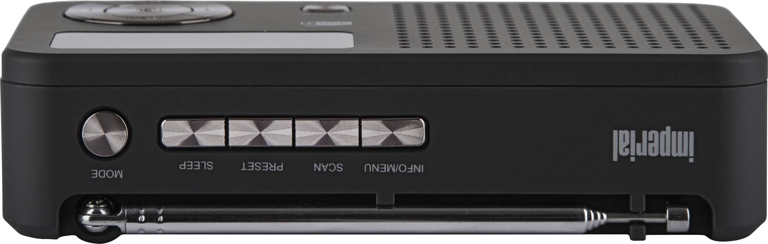 Radio portable noir avec antenne télescopique, plusieurs boutons et l'inscription gravée 'imperial' sur le côté.