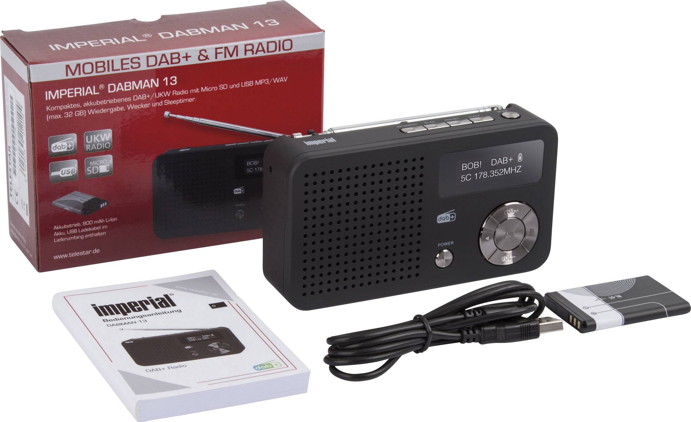 Radios DAB+ & FM portables Imperial avec accessoires : câble USB et batterie. L'emballage en arrière-plan affiche les spécifications du produit.