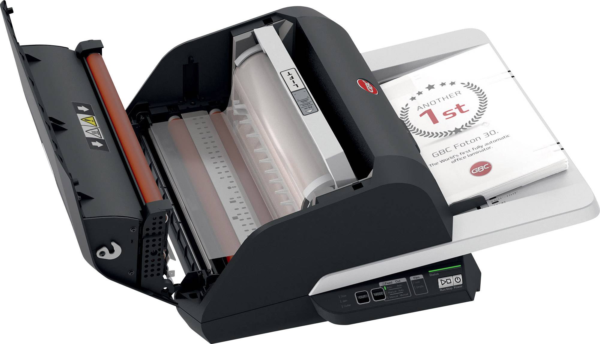 Un scanner de documents ouvert avec une feuille insérée, imprimée avec 'Nominé 1er' et un motif en forme d'étoile.