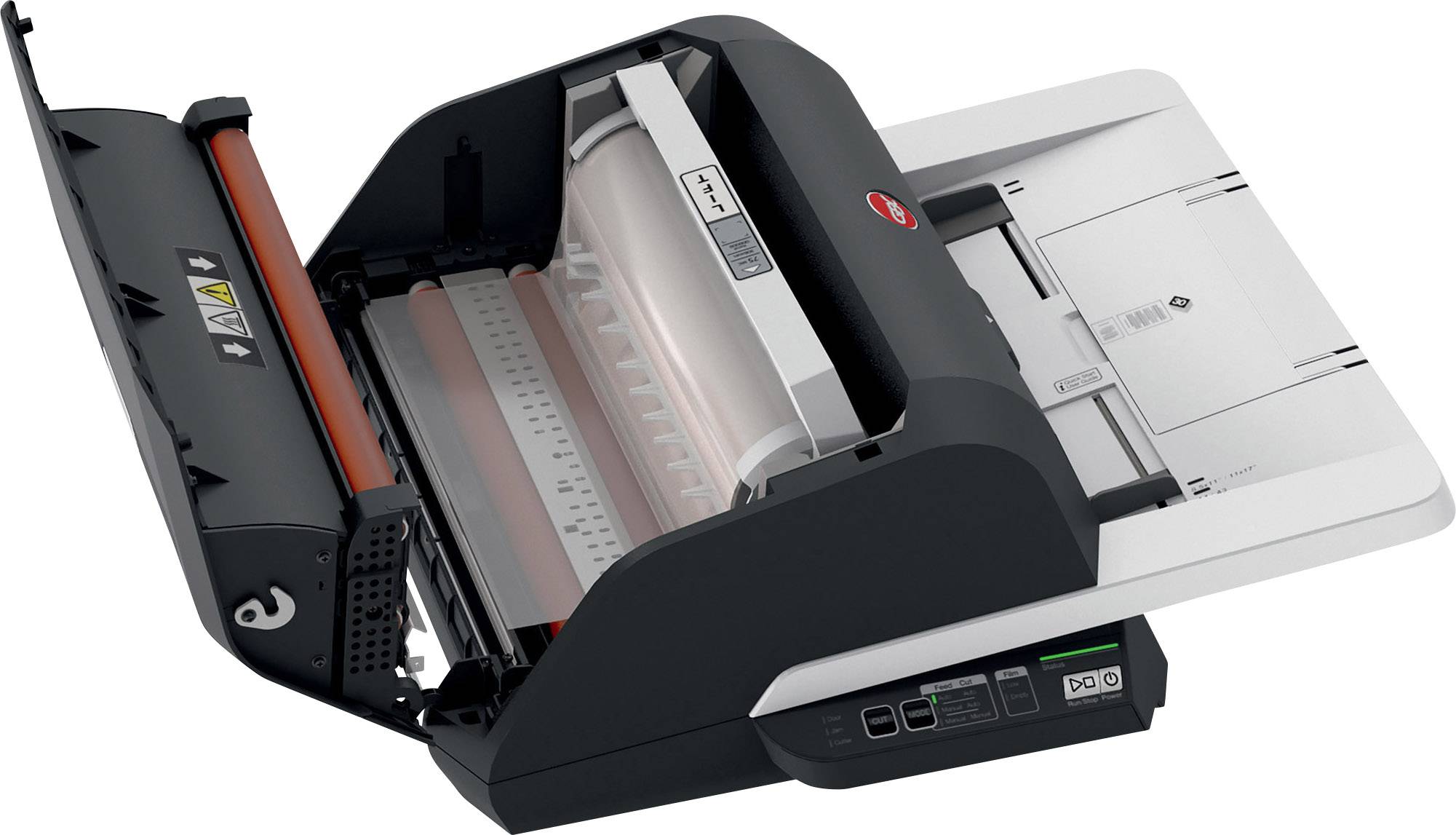 Un scanner ouvert avec un chargeur de documents amovible, adapté pour numériser de grandes piles de papier.