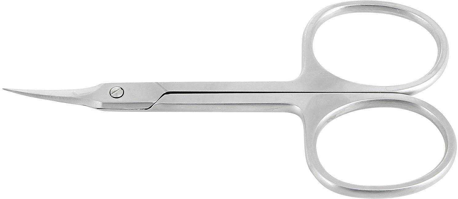 Une paire de ciseaux à ongles en acier inoxydable, à pointe légèrement incurvée et avec deux anneaux pour les doigts, utilisée pour couper les ongles avec précision.