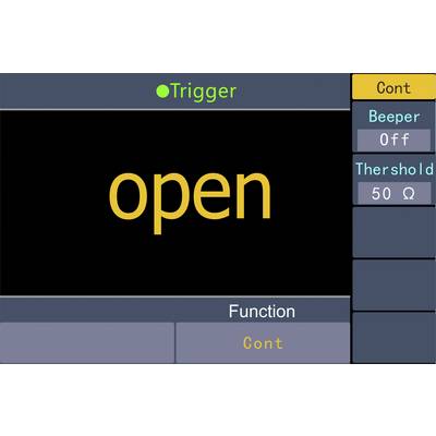 'open' en écriture jaune sur un écran, avec les options 'Trigger', 'Beeper Off', 'Threshold 50 Ω' et 'Function Cont'.