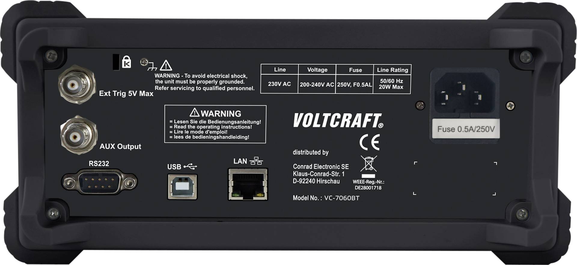 'Appareil Voltcraft avec connexion secteur, RS232, USB, LAN. Avertissements : Respecter la tension maximale, fusible présent.'