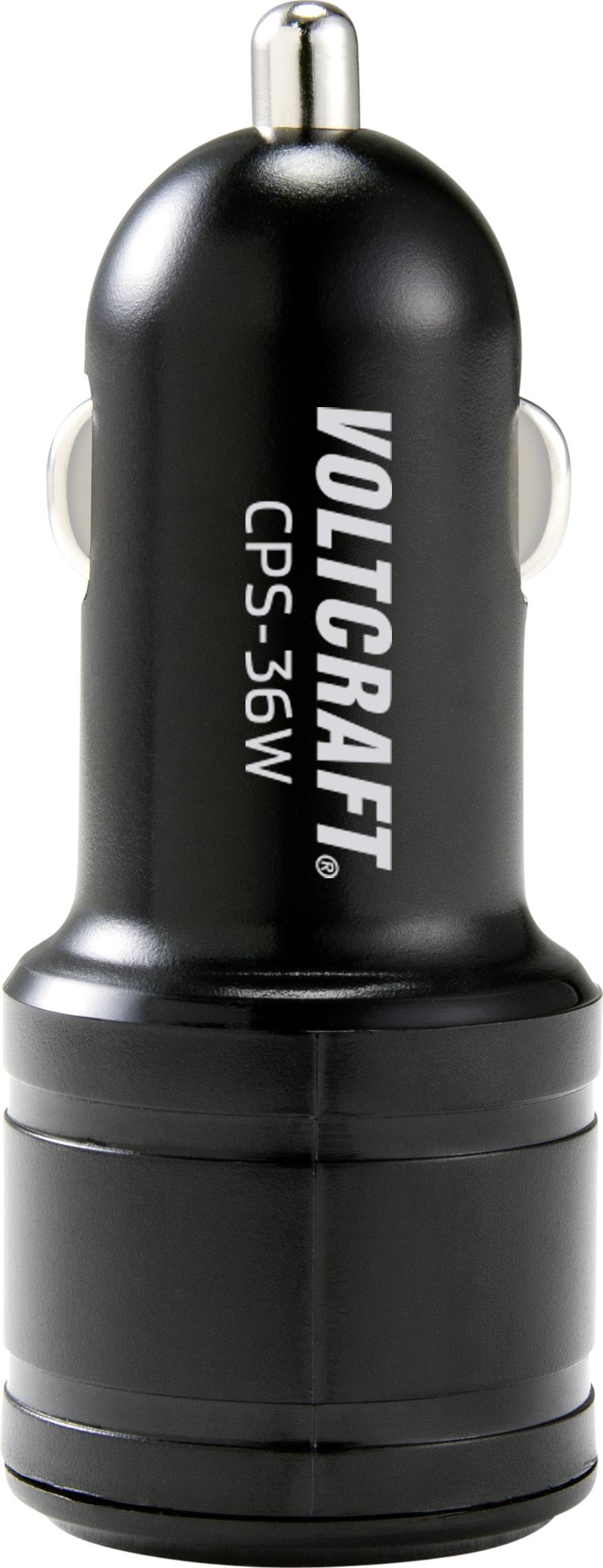 Chargeur de voiture noir de Voltcraft, modèle CPS-36 W, avec deux ports USB à l'avant.