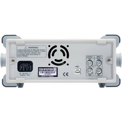 Arrière de l'appareil avec connexion électrique, ventilateur, avertissement et quatre connexions BNC pour les entrées et sorties. Plaque signalétique du fabricant présente.