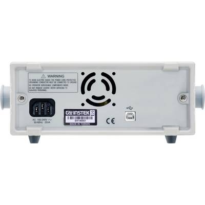 Arrière d'un appareil électronique avec une prise secteur, un ventilateur et des avertissements de sécurité électrique ; nom de marque 'GW Instek'.