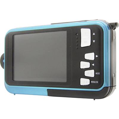 Appareil photo numérique compact bleu avec écran et cinq touches blanches de commande sur l'arrière.