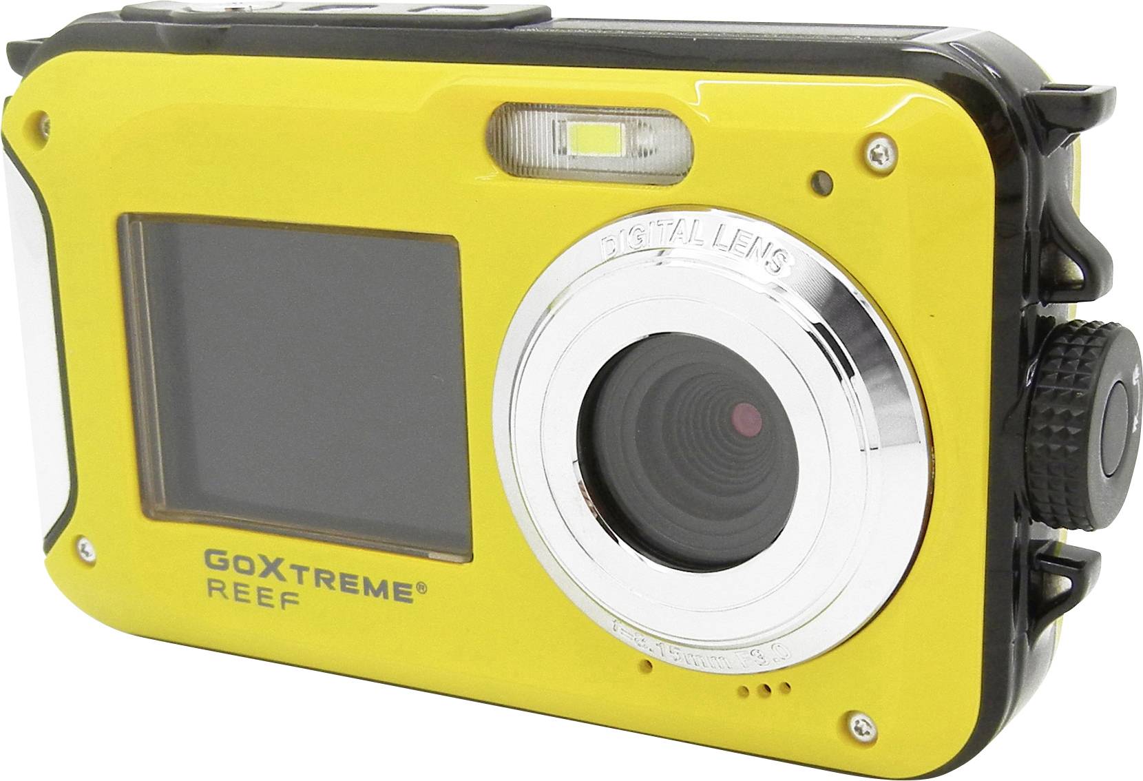 Appareil photo numérique jaune, étanche, avec un grand objectif et écran ; adapté pour la photographie en extérieur et sous-marine.