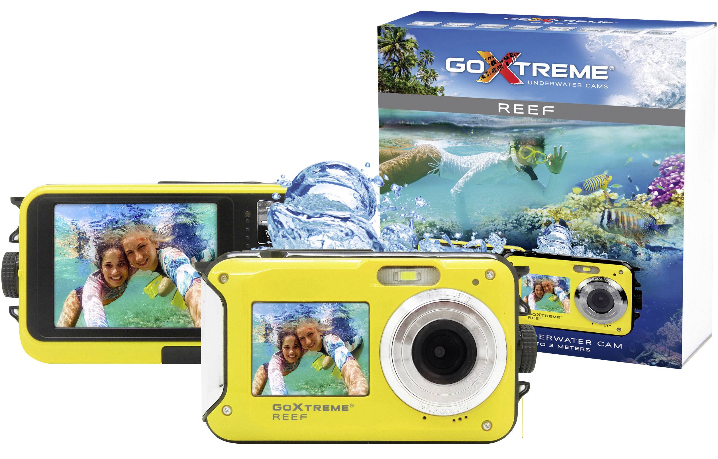 Caméra sous-marine jaune GoXtreme Reef, montrant un couple riant lors de la plongée sur l'écran, avec l'emballage en arrière-plan.