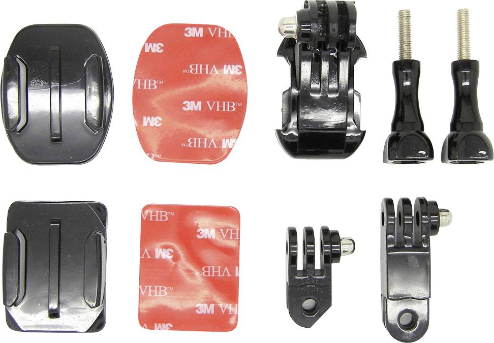 Divers supports de fixation pour caméra et pads adhésifs sur fond blanc, incluant des vis de montage et des supports.