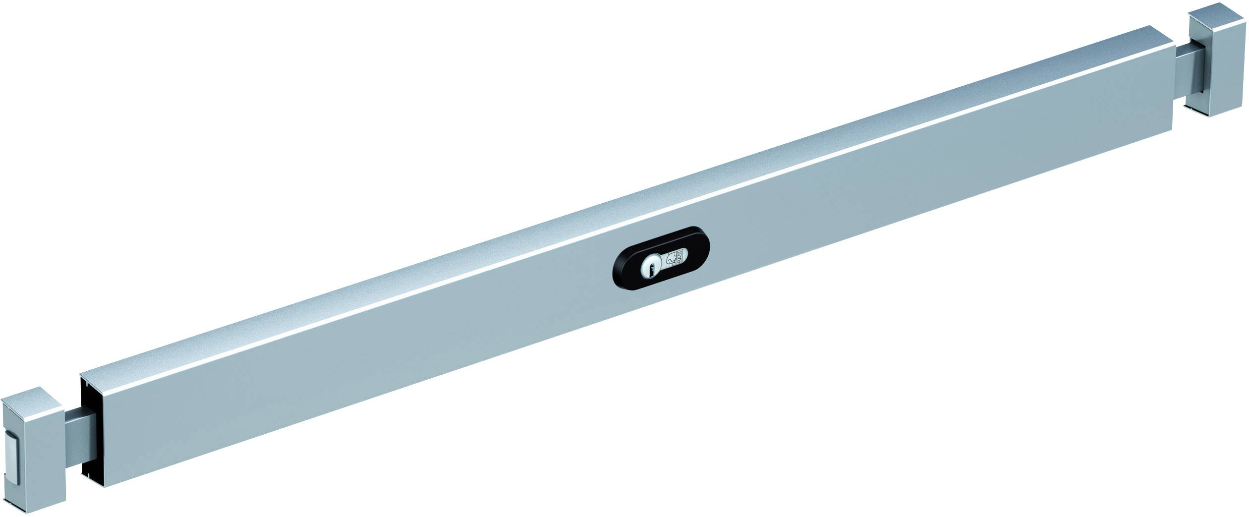 Tige télescopique en argent de forme rectangulaire, avec un mécanisme de verrouillage central, probablement destinée à sécuriser des fenêtres ou des portes.