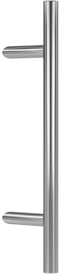 Une poignée de porte verticale longue en acier inoxydable avec deux barres de préhension horizontales, fixée sur le côté droit, convenant aux portes en verre ou en bois.