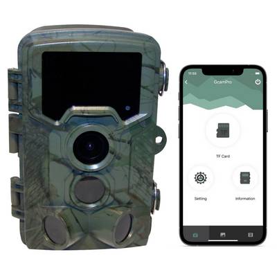 Caméra de chasse à côté d'un smartphone avec boîtier et objectif de caméra visibles. Le smartphone affiche l'interface de l'application pour les paramètres de la caméra.