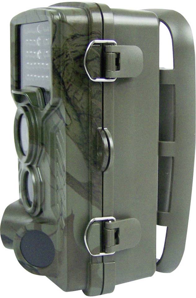 Une caméra de chasse verte avec un motif de camouflage, vue de côté. Elle possède deux grands capteurs et des LED infrarouges en haut pour les prises de vue nocturnes.