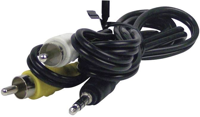 Trois câbles avec des connecteurs RCA et jack sont enchevêtrés. Un connecteur est blanc, un autre jaune, et le connecteur jack est noir.