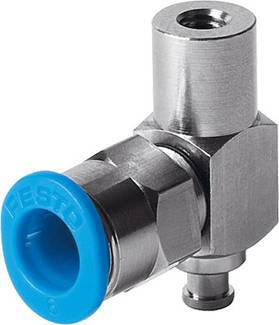 Une vanne d'angle à emboîtement nickelée avec raccord bleu, couramment utilisée dans les systèmes pneumatiques.