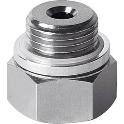 Pièce métallique de forme cylindrique avec filetage et base hexagonale, probablement un adaptateur ou un élément de fermeture.