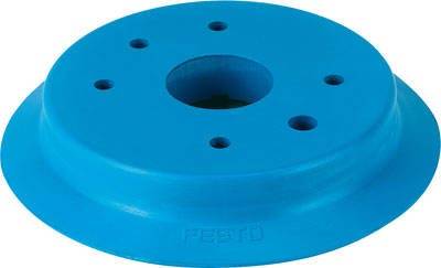 Un ventouse bleu, rond, avec plusieurs petits trous et une ouverture centrale. Adapté pour des dispositifs de levage dans des applications industrielles.