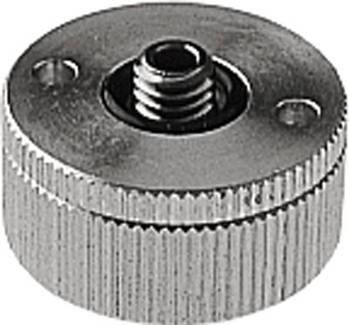 Un manchon à vis en argent avec bord cannelé et filetage intérieur, souvent utilisé pour fixer des appareils sur des trépieds.