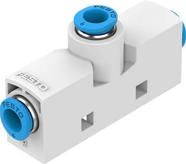 Raccord bidirectionnel à verrouillage de Festo en blanc et bleu. Relie des tuyaux pneumatiques pour des applications industrielles.