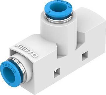 Un connecteur pneumatique en Y blanc avec des bords bleus et l'inscription 'Festo', utilisé dans les systèmes à air comprimé pour raccorder des tuyaux.