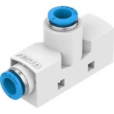 Un connecteur pneumatique en Y blanc avec des bords bleus et l'inscription 'Festo', utilisé dans les systèmes à air comprimé pour raccorder des tuyaux.