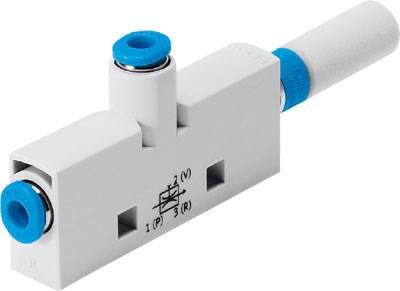 Vanne pneumatique avec capuchons de connexion bleus, généralement utilisée pour contrôler les flux d'air dans les systèmes.