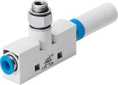 Une vanne pneumatique blanche avec des raccords bleus, utilisée pour contrôler le flux d'air dans des applications industrielles.