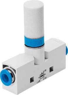 Une vanne pneumatique blanche avec un anneau bleu et un cylindre. Des symboles d'utilisation et de fonction sont représentés sur la vanne.