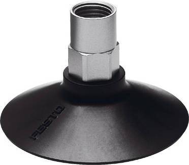 Plaque de succion noire avec raccord métallique argenté, adaptée pour soulever des matériaux plats.