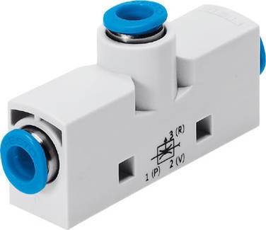 Raccord en T avec extrémités bleues, adapté aux systèmes pneumatiques. Les inscriptions sur les côtés indiquent les différents raccordements.