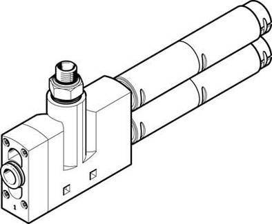 Dessin technique d'une valve hydraulique avec deux raccords cylindriques. La vue de face présente les caractéristiques de montage et de connexion.