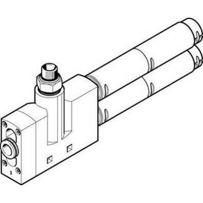 Dessin technique d'une valve hydraulique avec deux raccords cylindriques. La vue de face présente les caractéristiques de montage et de connexion.