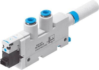 Un module de vanne pneumatique blanc et bleu à deux raccordements, doté d'une poignée cylindrique sur le côté droit, utilisé pour le contrôle des flux d'air.