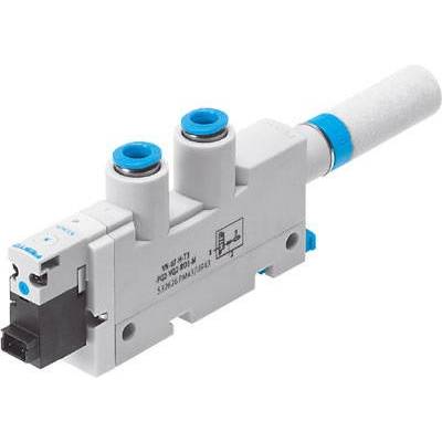 Embout de ventilation avec deux ouvertures de raccordement bleues, un levier et un schéma de commutation sur le côté ; utilisé dans les systèmes pneumatiques.