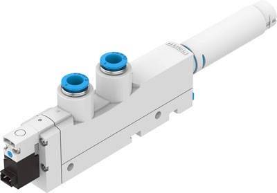 Une vanne de dosage pneumatique blanche avec des détails bleus, utilisée pour le contrôle précis des flux de gaz ou de liquides.