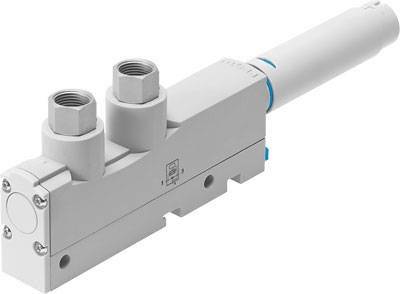 Valve pneumatique gris à deux raccordements et un anneau bleu, vues latérales, pour applications industrielles ou d'automatisation.