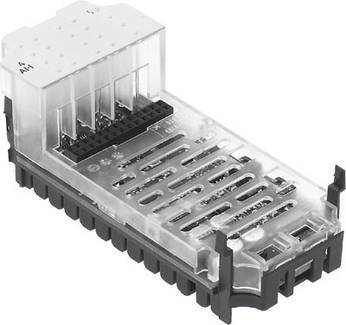 Un composant électronique transparent avec des connexions enfichables, une carte de circuit imprimé et des composants noirs, faisant partie d'un dispositif technique.