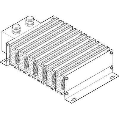 Dessin technique d'un dissipateur thermique avec des ailettes parallèles et une plaque de montage à la base.