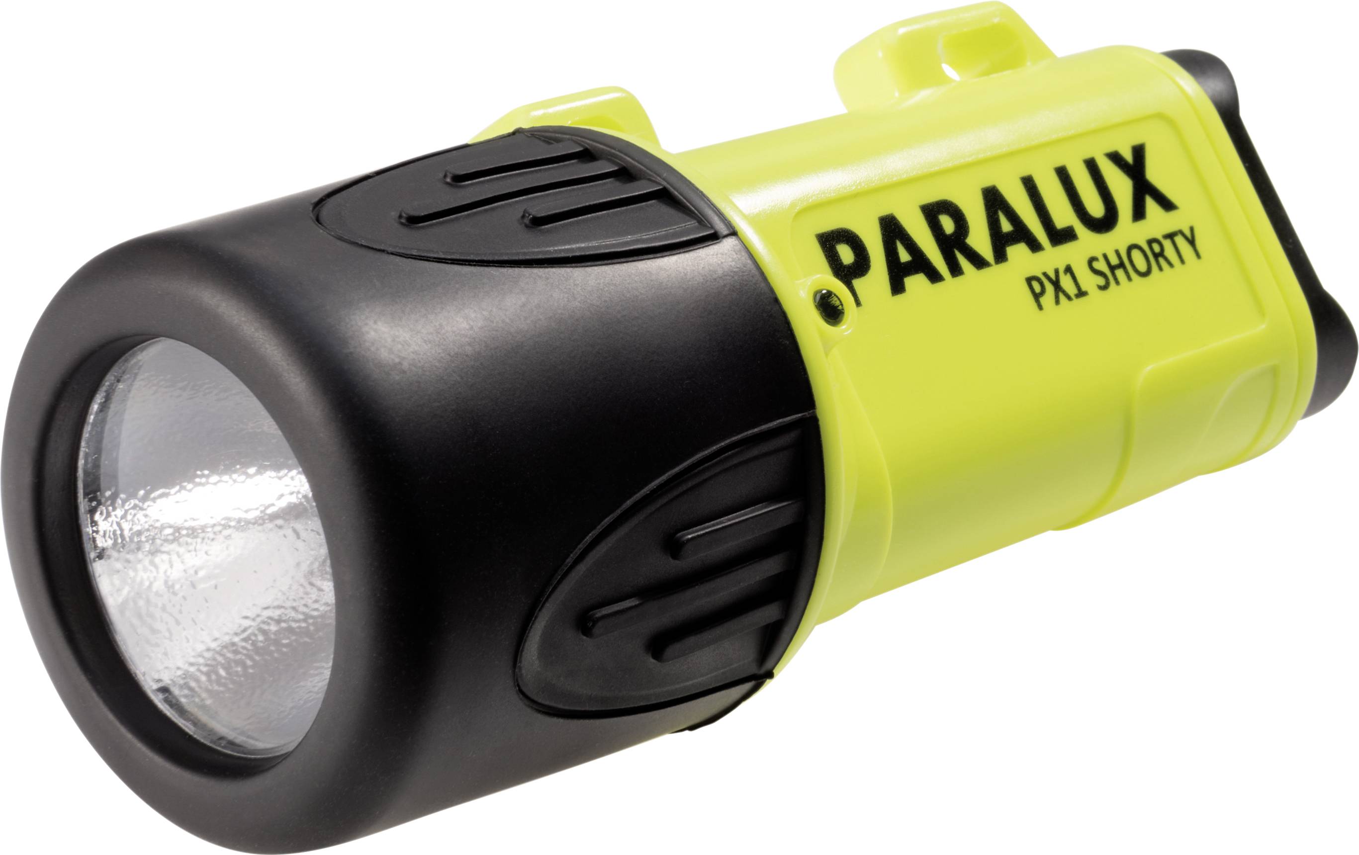 Lampe de poche jaune de la marque Paralux, modèle PX1 Shorty, avec partie supérieure noire.