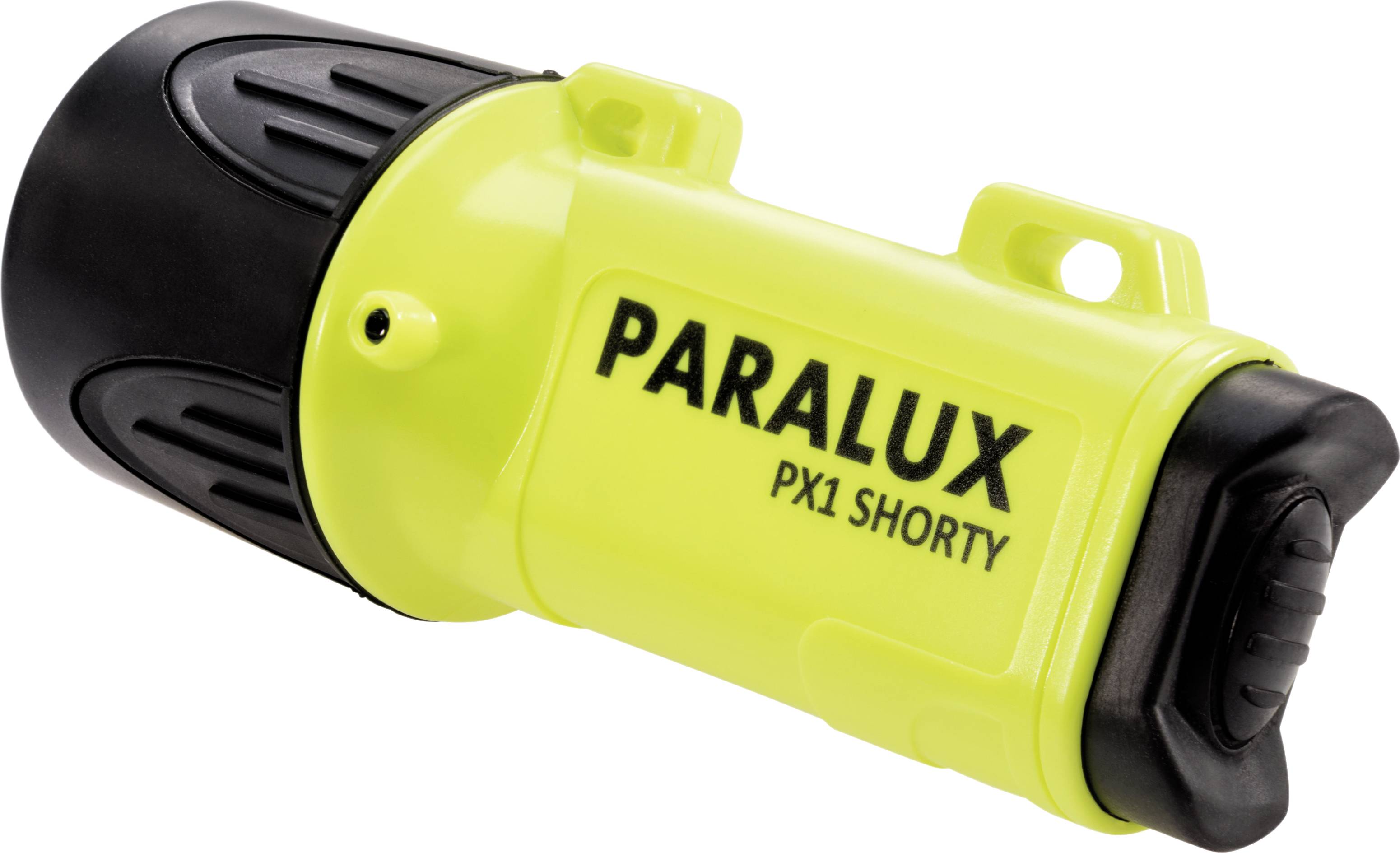Lampe de poche jaune portable avec l'inscription 'PARALUX PX1 SHORTY', tête et poignée noires, design compact et robuste.