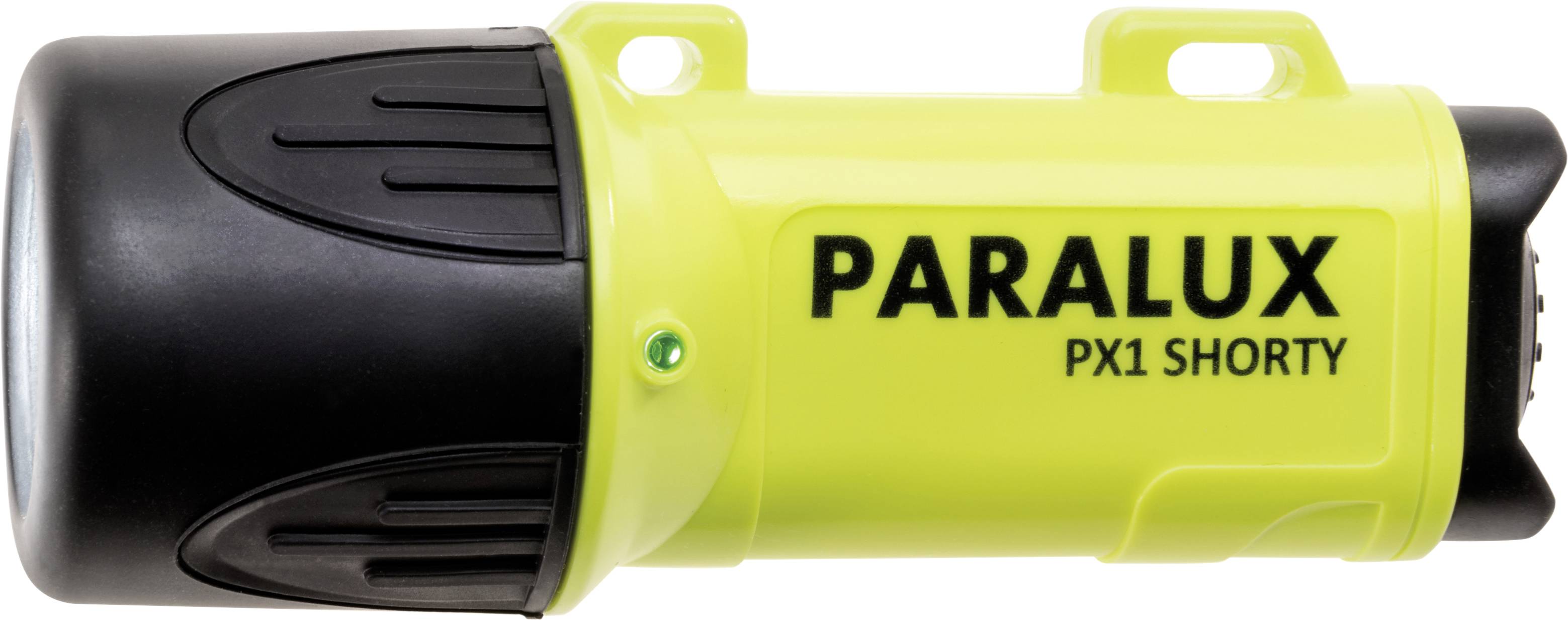 Lampe de poche jaune avec tête noire, portant l'inscription 'PARALUX PX1 SHORTY' sur le côté.