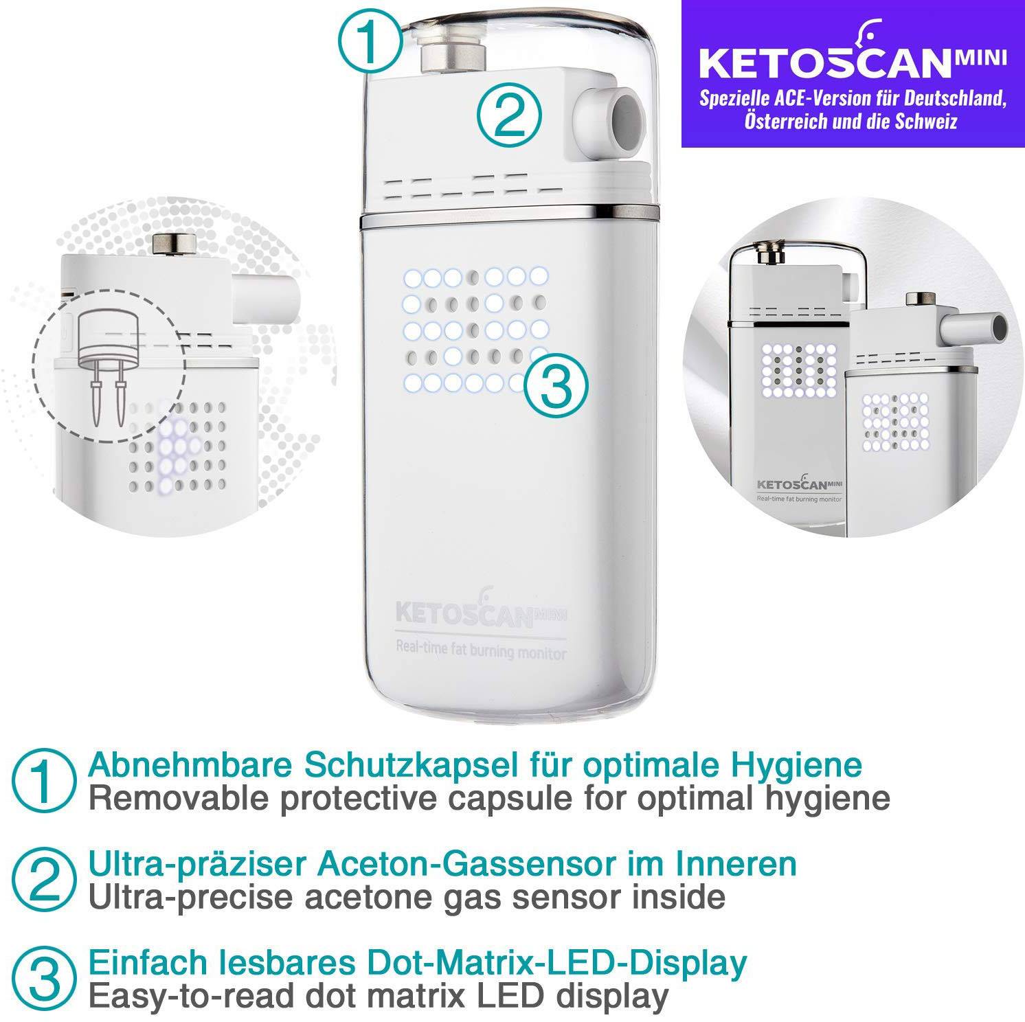Appareil 'KETOSCAN mini' avec capsule de protection amovible, capteur d'acétone précis et affichage LED facile à lire.