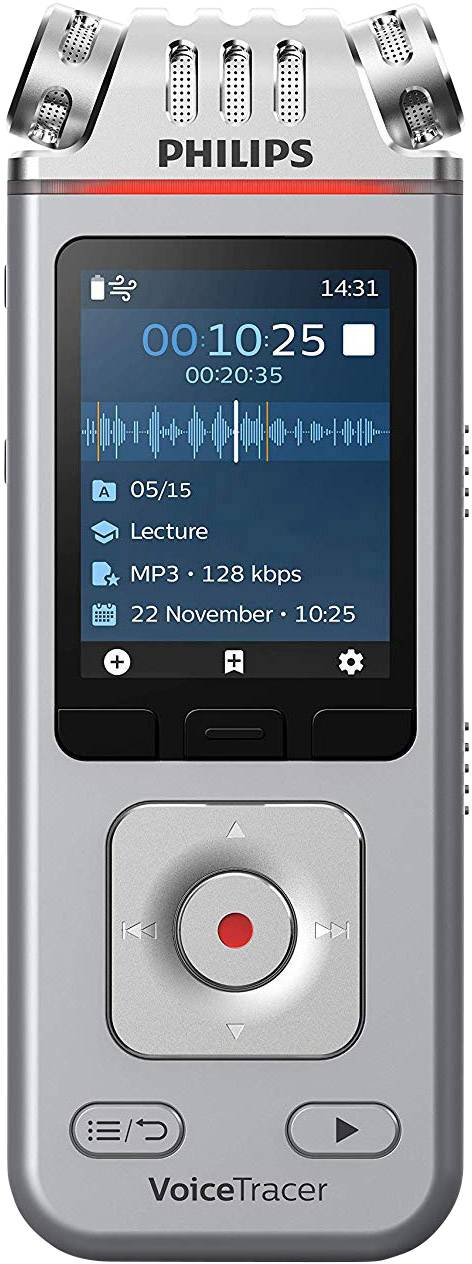 Un enregistreur audio Philips VoiceTracer argenté avec écran. L'affichage montre un temps d'enregistrement, un format de fichier et la date.