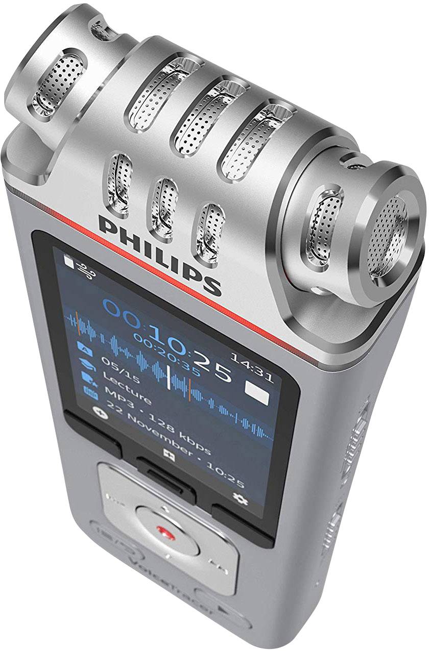 Dictaphone Philips avec écran affichant le statut d'enregistrement, l'heure et les paramètres du microphone. Appareils d'enregistrement audio de haute qualité.