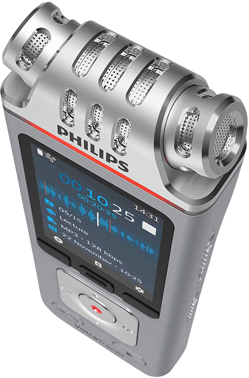 Dictaphone Philips avec écran affichant le statut d'enregistrement, l'heure et les paramètres du microphone. Appareils d'enregistrement audio de haute qualité.