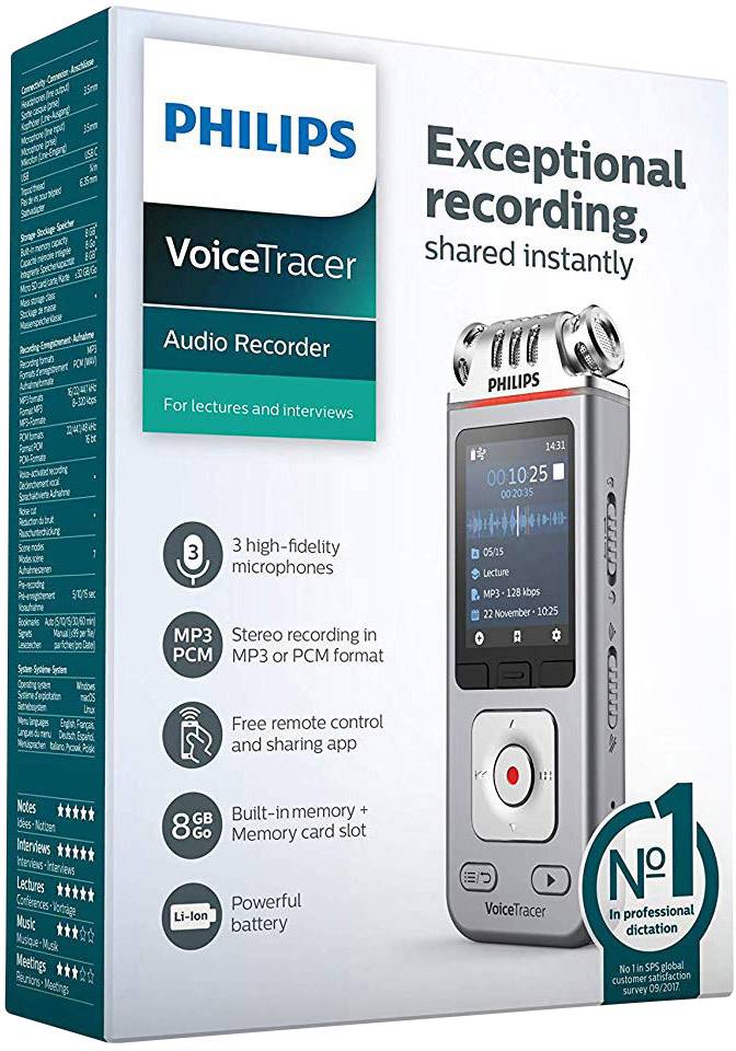 Emballage d'un enregistreur audio Philips VoiceTracer avec des fonctionnalités offrant une qualité d'enregistrement exceptionnelle, 8 Go de mémoire et mode MP3/PCM.