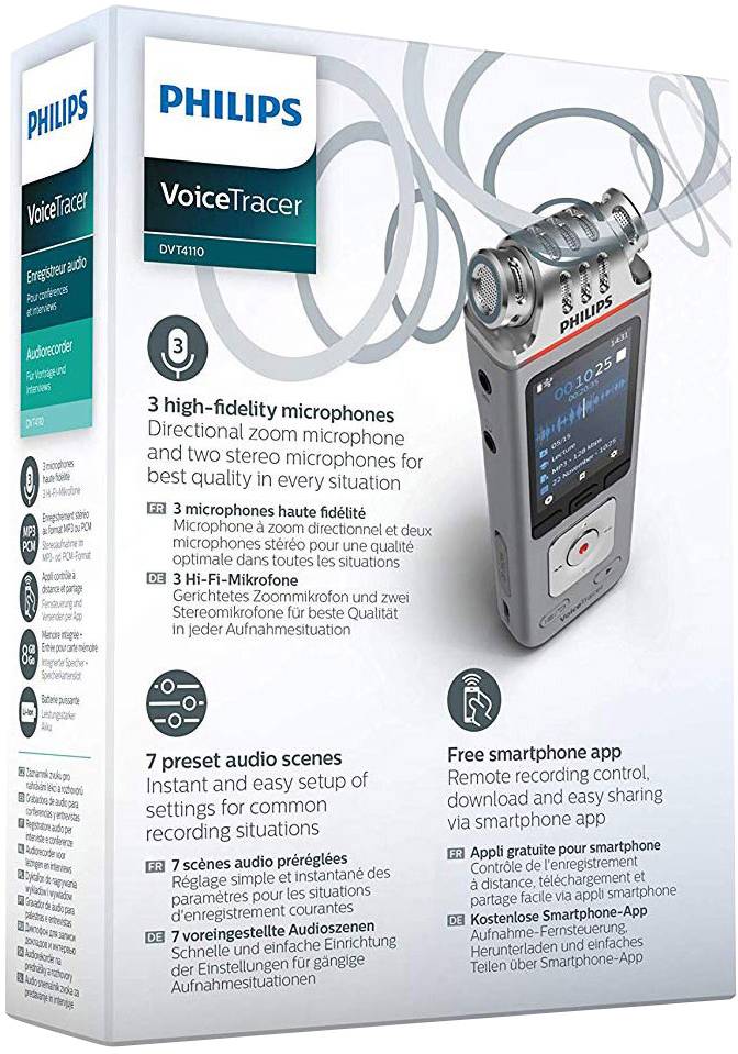 Emballage de l'enregistreur audio numérique Philips, modèle DVT4110, avec des fonctionnalités mises en avant comme 3 microphones, 7 modes audio et une application smartphone.
